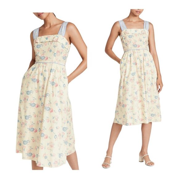 Loveshackfancy Carmine Floral-Print Cotton-Poplin Midi Dress,‎ Size 0, NWT - Picture 1 of 16